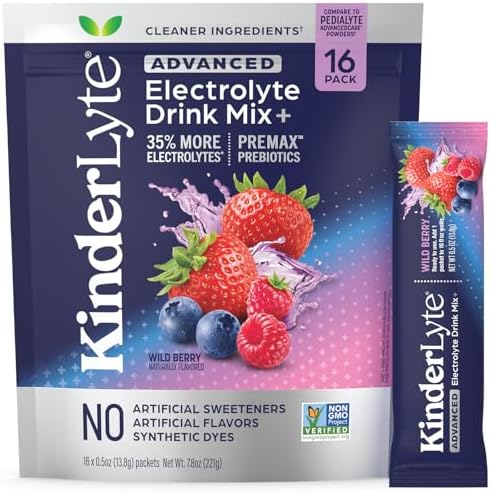 Kinderlyte Advanced Electrolyte Powder for Kids and Adults - Drink Mix Hydration Packets (Wild Berry, 16 Count), with PreMax Prebiotics, No Artificial Sweeteners or Flavors, No Synthetic Dyes
