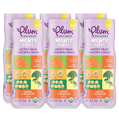 Plum Organics Mighty Puffs Organic Baby Food - Carrot and Broccoli - 1.85 oz Canister (Pack of 6) - Ancient Grains and Chickpea Snacks