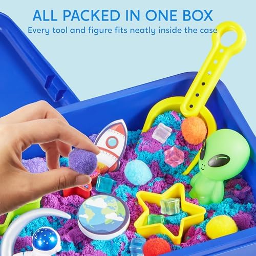 Klever Kits Outer Space Sensory Bin for Toddlers with Glow in The Dark Alien and Rocks, Sandbox with Lid Dual-Color Sand, Preschool Learning Activities Gifts for Boys Girls Age 3+