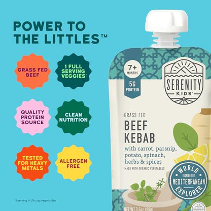 Serenity Kids 7+ Months World Explorers Baby Food Pouches Puree Made with Ethically Sourced Meats & Organic Veggies - 3.5 Ounce BPA-Free Pouch - Beef Kebab - 12 Count Meat Baby Food