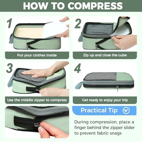 BAGAIL 4 Set/6 Set/8 Set Compression Packing Cubes Travel Accessories Expandable Packing Organizers(HalfMesh, 8-MatchaGreen)
