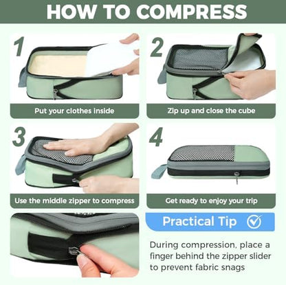 BAGAIL 4 Set/6 Set/8 Set Compression Packing Cubes Travel Accessories Expandable Packing Organizers(HalfMesh, 8-MatchaGreen)