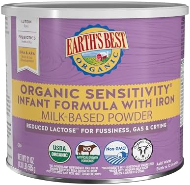 Earth's Best Organic Sensitivity Infant Formula for Babies 0-12 Months, Reduced Lactose Powder Formula with Iron, Omega-3 DHA, and Omega-6 ARA, 21 Ounce Container