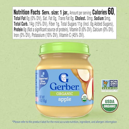 Gerber Stage 1 Baby Food, Organic Apple Jar, Fruit Puree, Vitamin C, Non-GMO, Baby Food Fruit, Puree Jars Glass, 10-pack