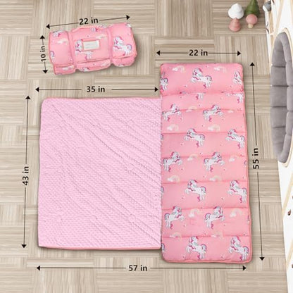 Primlect Thickened Toddler Nap Mat with Removable Pillow and Minky Blanket, Extra Large 55''x35'' Sleeping Bag, Washable, Roll up, Perfect for Daycare, Preschool, Kindergarten, Boys and Girls Unicorn