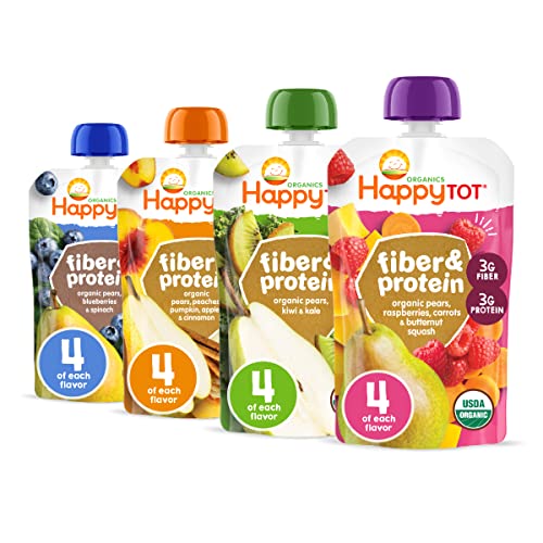 Happy Tot Organics Super Foods Stage 4, Pears, Blueberries & Beets (Pack of 16) & Stage 4 Fiber & Protein 4 Flavor Variety Pack (Pack of 16)