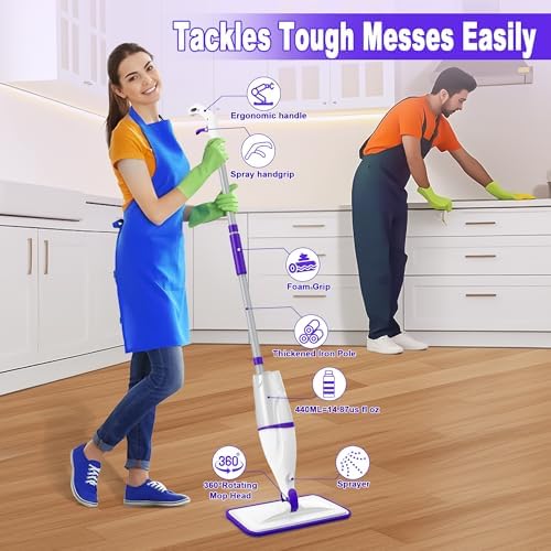 Spray Mop for Hardwood Floor Cleaning: EXEGO Wet Mops with 5 Microfiber Refillable Pads for Swiffer Powermop - Mopping Tools with Sprayer for Tile Wood Laminate Vinyl Marble