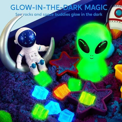 Klever Kits Outer Space Sensory Bin for Toddlers with Glow in The Dark Alien and Rocks, Sandbox with Lid Dual-Color Sand, Preschool Learning Activities Gifts for Boys Girls Age 3+