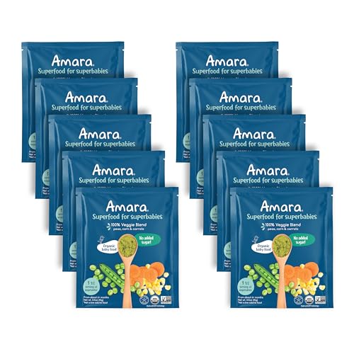 Amara Organic Baby Food - Stage 2 - Peas, Corn & Carrots - Baby Cereal to Mix With Breastmilk, Water or Baby Formula - Shelf Stable Baby Food Pouches Made from 100% Organic Veggies - 10 Pouches, 3.5oz Per Serving