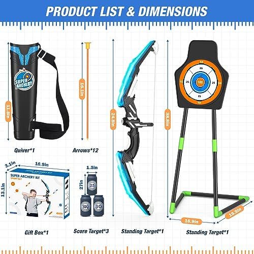 Bow and Arrow for Kids, LED Light Up Archery Set with 12 Suction Cup Arrows, 1 Standing Target, 3 Score Targets & 1 Quiver, Indoor Outdoor Sport Gifts for Boys Girls Ages 4-12, Blue