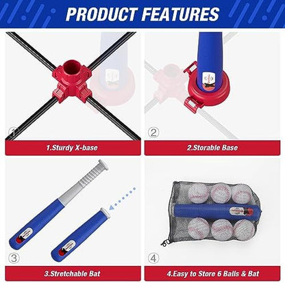 4 in 1 T Ball Sets for Kids 3-5 with Toss and Catch Ball Set, Hanging Tee Stand with Auto Pitching Machine/ 2 Bats, Indoor Outdoor Toys Birthday Baseball Gifts for Toddler Boys Girls, Blue