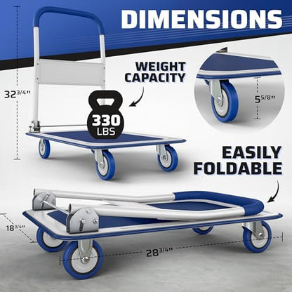 Heavy Duty Foldable Push Cart Dolly | 330 lbs. Capacity | Upgraded Collapsible Hand Truck Platform with Swivel Wheels | Flat Bed Moving Wagon | Space Saving Push Handle (Blue)