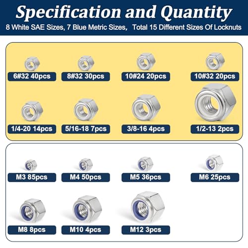 SAE & Metric Nylon Insert Lock Nuts Kit(348Pcs),6#32 8#32 10#24 10#32 1/4-20 5/16-18 3/8-16 1/2-13 M3 M4 M5 M6 M8 M10 M12 304 Stainless Steel Locknuts Sets