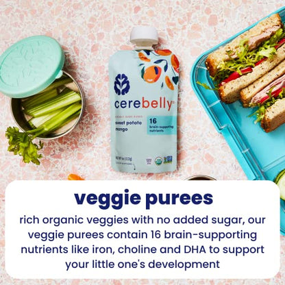 Cerebelly Organic Baby Food Pouches – Organic Veggie Purees for Toddlers | No Added Sugar, Fiber, Non-GMO | Blended Toddler Food | 4oz BPA-Free Baby Food | Sweet Potato Mango | 12 Count