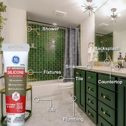 GE Advanced Silicone Caulk for Kitchen & Bathroom, Clear, 2.8 fl oz Tube, 12 Pack - 100% Waterproof Silicone Sealant, 5X Stronger Adhesion, Shrink & Crack Proof