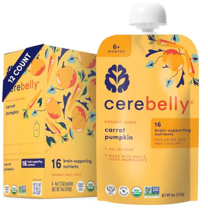 Cerebelly Organic Baby Food Pouches – Organic Veggie Purees for Toddlers | No Added Sugar, Fiber, Non-GMO | Blended Toddler Food | 4oz BPA-Free Baby Food | Carrot Pumpkin | 12 Count