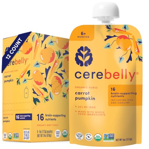 Cerebelly Organic Baby Food Pouches – Organic Veggie Purees for Toddlers | No Added Sugar, Fiber, Non-GMO | Blended Toddler Food | 4oz BPA-Free Baby Food | Carrot Pumpkin | 12 Count