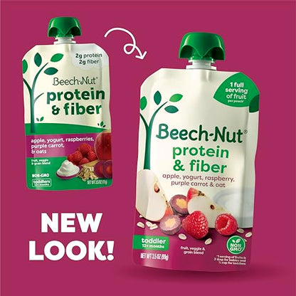 Beech-Nut Baby & Toddler Food Pouches with Protein and Fiber, Apple Yogurt Raspberry Purple Carrot & Oat Puree, 3.5 oz (12 Pack)