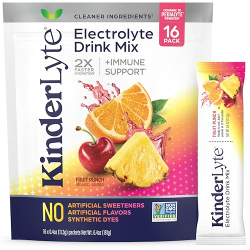 Kinderlyte Electrolyte Powder for Kids and Adults - Drink Mix Hydration Packets (Fruit Punch, 16 Count), No Artificial Sweeteners or Flavors, No Synthetic Dyes, Vegan, Non-GMO, Gluten-Free