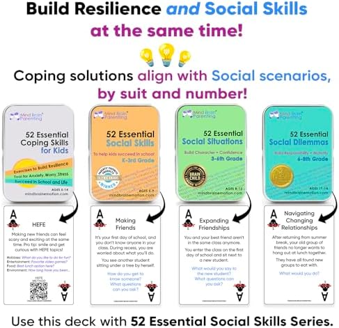 Mind Brain Emotion 52 Essential Coping Skills for Kids: Mindfulness CBT Cards for Stress, Anxiety, Anger, Executive Functioning, Coping Strategies for Anxious Generation, Family, School Therapy Game