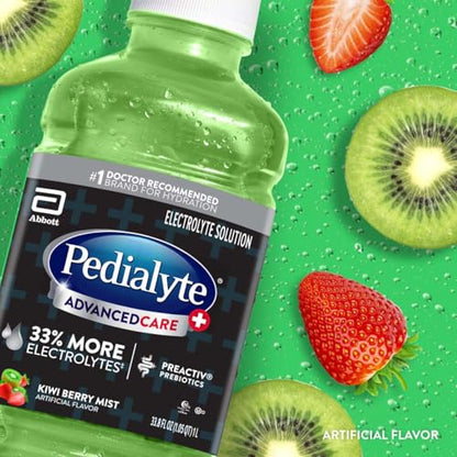 Pedialyte AdvancedCare Plus Electrolyte Hydration Drink, Has 33% More Electrolytes and Has PreActiv Prebiotics, Kiwi Berry Mist, 1 Liter, Pack of 4