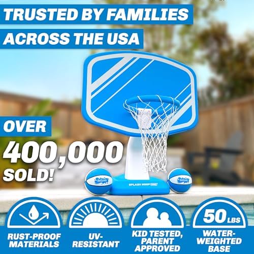GoSports Splash Hoop PRO Swimming Pool Basketball Game - Includes Poolside Water Basketball Hoop, 2 Balls and Pump - Blue