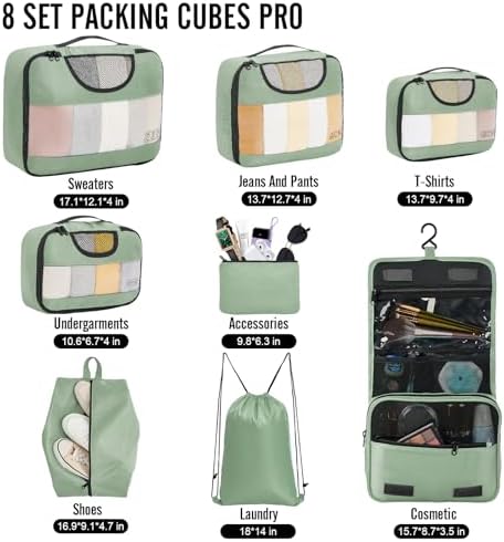Veken 8 Set Packing Cubes for Travel Essentials, Suitcase Organizer Bags in 4 Sizes, Carry-On Luggage Accessories with Large Laundry & Hanging Toiletry Bag, Must-Have for Airplane, Road Trip & Camping
