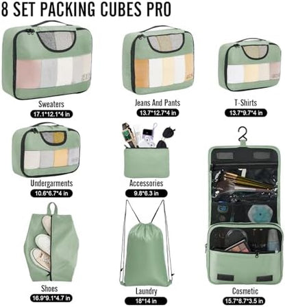 Veken 8 Set Packing Cubes for Travel Essentials, Suitcase Organizer Bags in 4 Sizes, Carry-On Luggage Accessories with Large Laundry & Hanging Toiletry Bag, Must-Have for Airplane, Road Trip & Camping