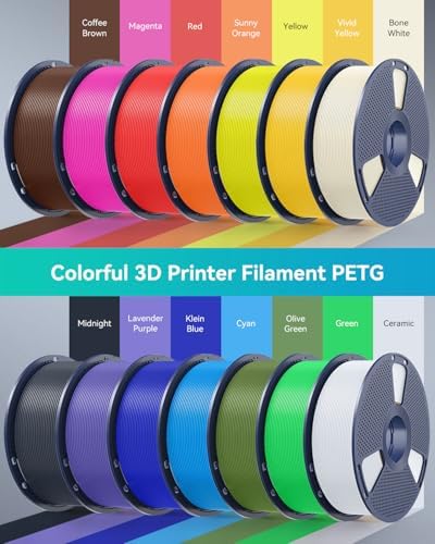 SUNLU PETG Filament 1.75mm 10KG Bundle, Individually Vacuum-Sealed, 3D Printer Filament 10kg, 1kg per Spool, 10 Pack, 10 Colors, Black+White+Grey+Blue+Red+Green+Orange+Yellow+Pink+Transparent