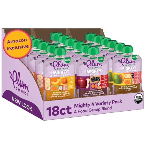 Plum Organics Stage 4 Variety Pack – Toddler’s Delicious Discovery Flavors – Mighty 4 Organic Fruit & Veggie Pouches – 4 oz Pouch, Pack of 18 (Amazon Exclusive)