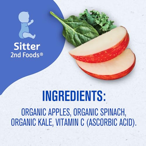 Gerber Stage 2 Baby Food, Organic Apple Spinach with Kale Jar, Fruit & Veggie Puree, Vitamin C, Non-GMO, Baby Food Puree Jars Glass, 10-pack