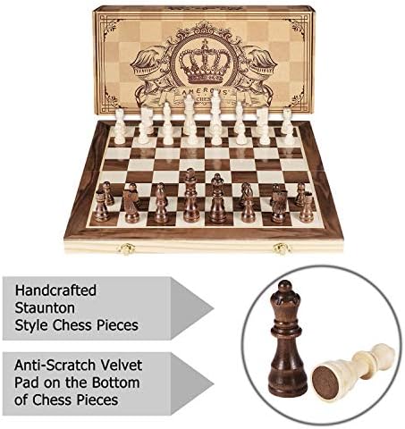 AMEROUS 15 Inches Magnetic Wooden Chess Set - 2 Extra Queens - Folding Board - Pieces Storage Slots, Handmade Portable Travel Chess Game - Beginner Chess Set for Kids, 6 up Age