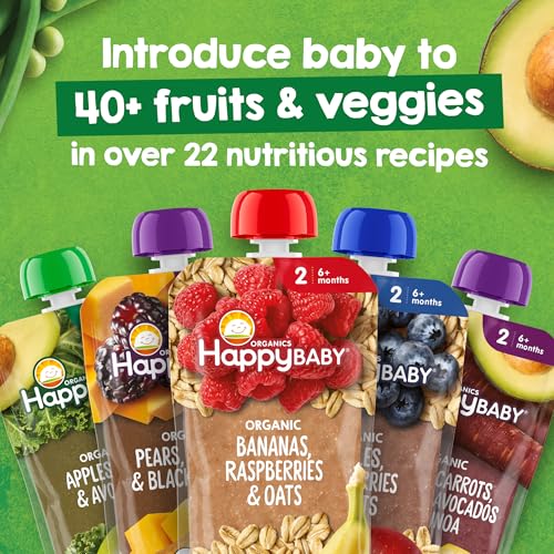 Happy Baby Organics Stage 2 Baby Food Pouches with One Full Serving of Veggies, Nutritious Snack, Clearly Crafted Fruit & Veggie Puree, Sweet Potatoes, Blueberries, & Beets, 4 Ounces
