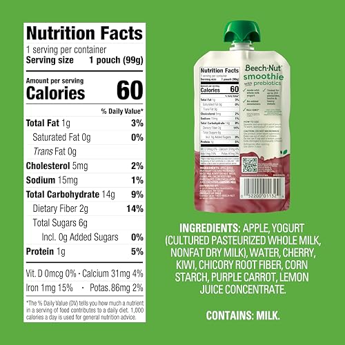 Beech-Nut Toddler Smoothies Variety Pack, Yogurt Smoothies with Prebiotics, Baby & Toddler Food Pouches, 3.5 oz (18 Pack)