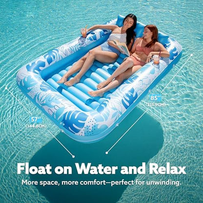 SLOOSH Inflatable Tanning Pool Lounger Float, 85" x 57" Extra Large Pool Floats Adult with Pillow, 4 in 1 Suntan Tub Raft Floatie,Sunbathing Bed Lounge for Water Blow Up Ball Pit Party Gifts, XL-Blue