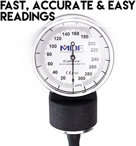 MDF Instruments, Calibra Aneroid Premium Professional Sphygmomanometer, Blood Pressure Monitor with Adult Cuff & Carrying Case, Lifetime Calibration, White Dial, Black Cuff, MDF808M11