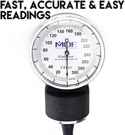 MDF Instruments, Calibra Aneroid Premium Professional Sphygmomanometer, Blood Pressure Monitor with Adult Cuff & Carrying Case, Lifetime Calibration, White Dial, Black Cuff, MDF808M11