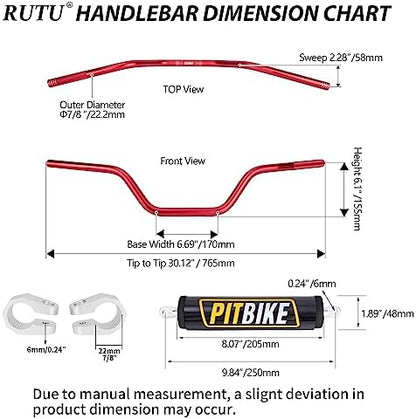 Handlebars 7/8 Inch for Motorcycle,RUTU Upgraded Universal Dirt Bike Handle Bar with Crossbar Pad Mid-Rise Mini Bike Pit Bike Handlebar for Motocross ATV Quad - Red
