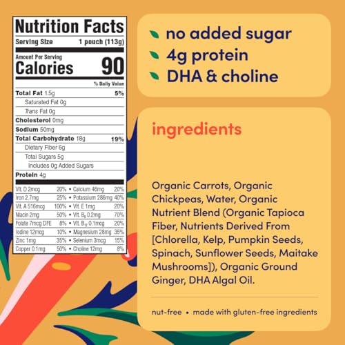 Cerebelly Baby Food Pouches – Organic Veggie Purees for Toddlers | No Added Sugar, Fiber, Non-GMO | Blended Toddler Pouches | 4 Ounce BPA-Free Pouch | Carrot Chickpea | 12 Count