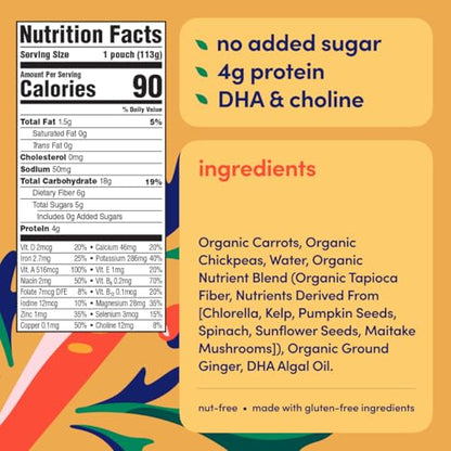 Cerebelly Baby Food Pouches – Organic Veggie Purees for Toddlers | No Added Sugar, Fiber, Non-GMO | Blended Toddler Pouches | 4 Ounce BPA-Free Pouch | Carrot Chickpea | 12 Count
