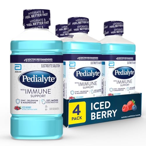 Pedialyte with Immune Support Electrolyte Solution, Hydration Drink with Zinc, Selenium, and Magnesium, Iced Berry, 1 Liter, Pack of 4