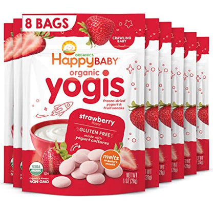 Happy Baby Organics Yogis Freeze-Dried Yogurt & Fruit Snack, Strawberry, 1 Ounce (Pack of 8) packaging may vary