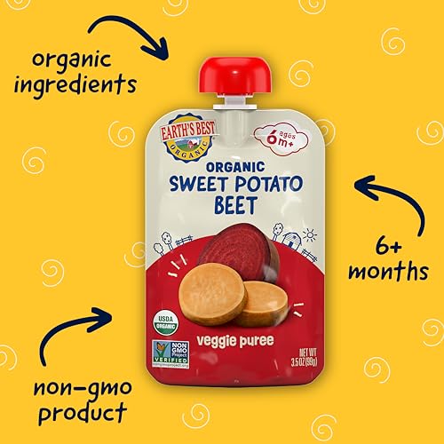 Earth's Best Organic Baby Food Pouches, Stage 2 Vegetable Puree for Babies 6 Months and Older, Organic Sweet Potato and Beets Puree, 3.5 oz Resealable Pouch (Pack of 12) (Packaging May Vary)