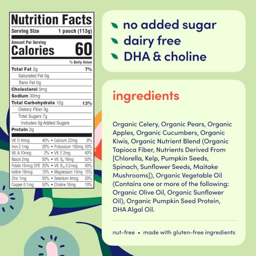 Cerebelly Organic Baby Food Pouches – Dairy Free Smoothies for Toddlers | No Added Sugar, Fiber, Non-GMO | Toddler Smoothie Pouches | 4oz BPA-Free Baby Food | Celery Apple Kiwi | 12 Count