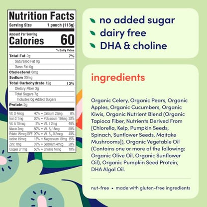 Cerebelly Organic Baby Food Pouches – Dairy Free Smoothies for Toddlers | No Added Sugar, Fiber, Non-GMO | Toddler Smoothie Pouches | 4oz BPA-Free Baby Food | Celery Apple Kiwi | 12 Count