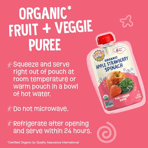 Earth's Best Organic Baby Food Pouches, 6+ Months, Fruit and Vegetable Puree for Babies 6 Months and Up, Organic Strawberry, Apple, and Spinach, 3.5 Ounce Resealable Pouch (Pack of 12)