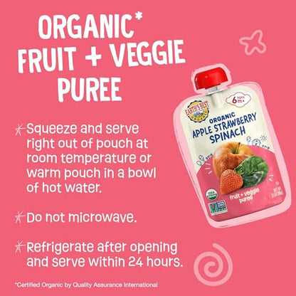 Earth's Best Organic Baby Food Pouches, 6+ Months, Fruit and Vegetable Puree for Babies 6 Months and Up, Organic Strawberry, Apple, and Spinach, 3.5 Ounce Resealable Pouch (Pack of 12)