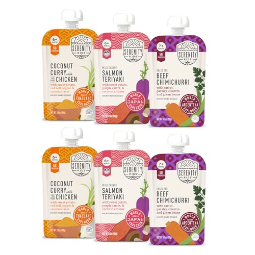 Serenity Kids 7+ Months World Explorers Stage 2 Baby Food Pouches - BPA-Free Pouches - Organic Meat & Veggie Puree with Ethically Sourced Beef - 3.5 Oz, 6 Pack