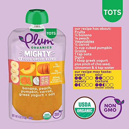 Plum Organics Mighty 4 Organic Toddler Food - Banana, Peach, Pumpkin, Carrot, Greek Yogurt, and Oat - 4 oz Pouch (Pack of 12) - Organic Fruit and Vegetable Toddler Food Pouch