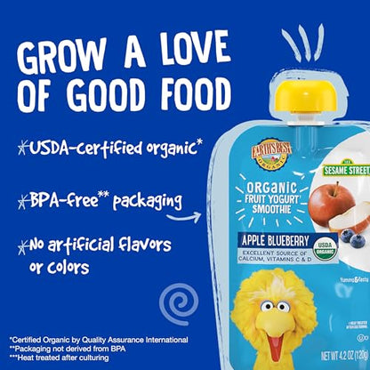 Earth's Best Organic Yogurt Smoothie Pouches, 24+ Months, Fruit Yogurt Smoothie for Toddlers 24 Months and Up, Apple Blueberry, 4.2 Ounce Resealable Pouch (Pack of 12)